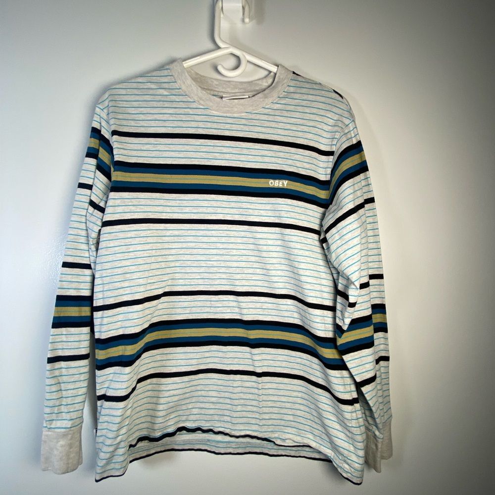 Obey Men's Blue and Black Striped Long Sleeve Shirt